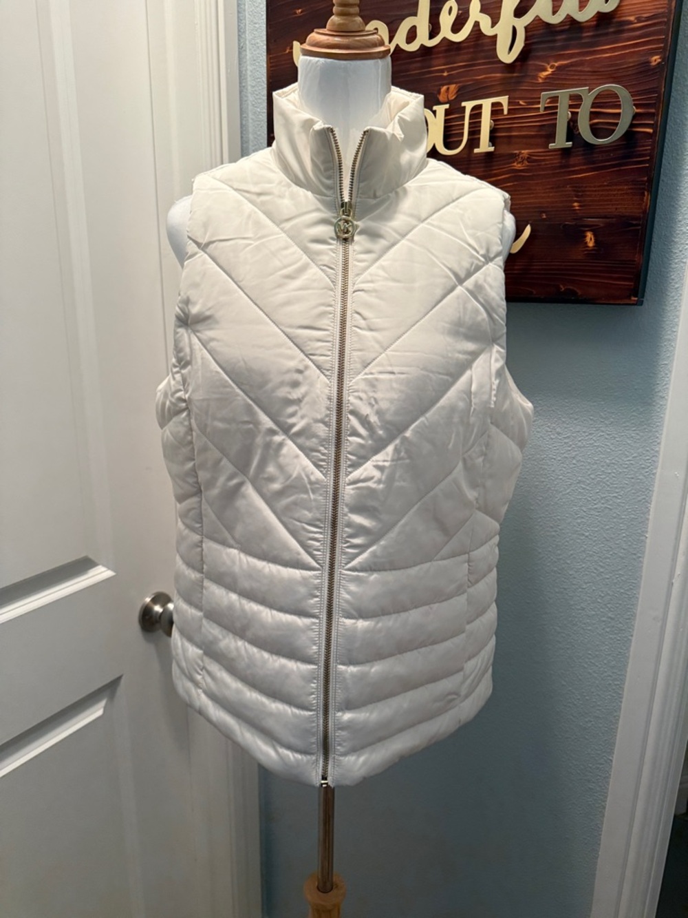 Michael Kors Cream Quilted Puffer Vest with Chevron Stitching